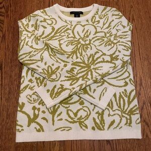 Tahari Floral Chic Green and Cream Scoop Neck Sweater Size SMALL